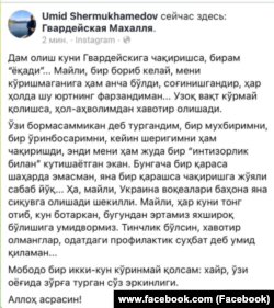 Uzbek journalist Umid Shermuhammedov's social media post, which has since been deleted.