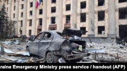 The square outside the headquarters of the Kharkiv administration after it was shelled on March 1.