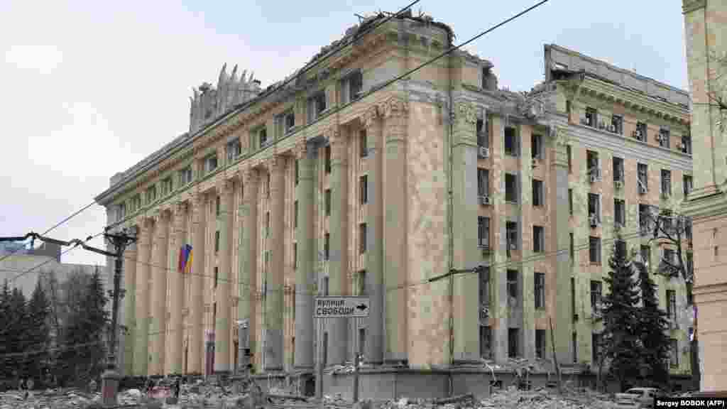 UKRAINE - This general view shows the damaged local city hall of Kharkiv destroyed as a result of Russian troop shelling on March 1, 2022