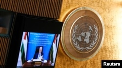 Պաղեստինի նախագահ Մահմուդ Աբբասը ՄԱԿ-ի ԳԱ-ին ելույթ է ունենում տեսակապով, 2025 թ.  
