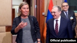 Belgium - EU foreign policy chief Federica Mogherini and Armenian Foreign Minister Zohrab Mnatsakanian arrive for a meeting of the EU-Armenia Partnership Council in Brussels, 21 June 2018.