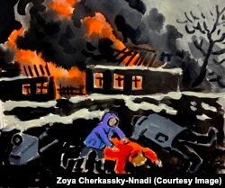 A 2022 painting of a snow-covered village burning as a child rushes to the aid of its mother.
