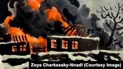 Картина от 2022 г. Тя изобразява горящо село под снега. На нея дете се притичва на помощ на майка си