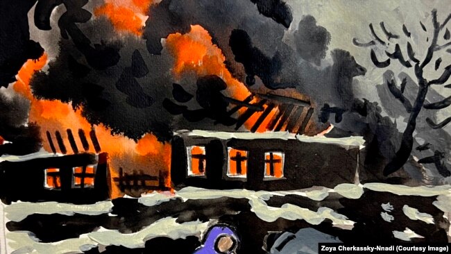 Картина от 2022 г. Тя изобразява горящо село под снега. На нея дете се притичва на помощ на майка си