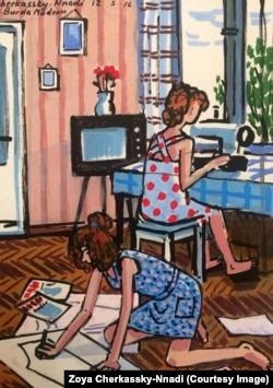 O pictură din 2016, în care două fete își fac propriile haine într-un apartament sovietic din anii '80.