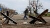 A view shows anti-tank obstacles placed on a road in the southern port city of Mariupol on April 22.
