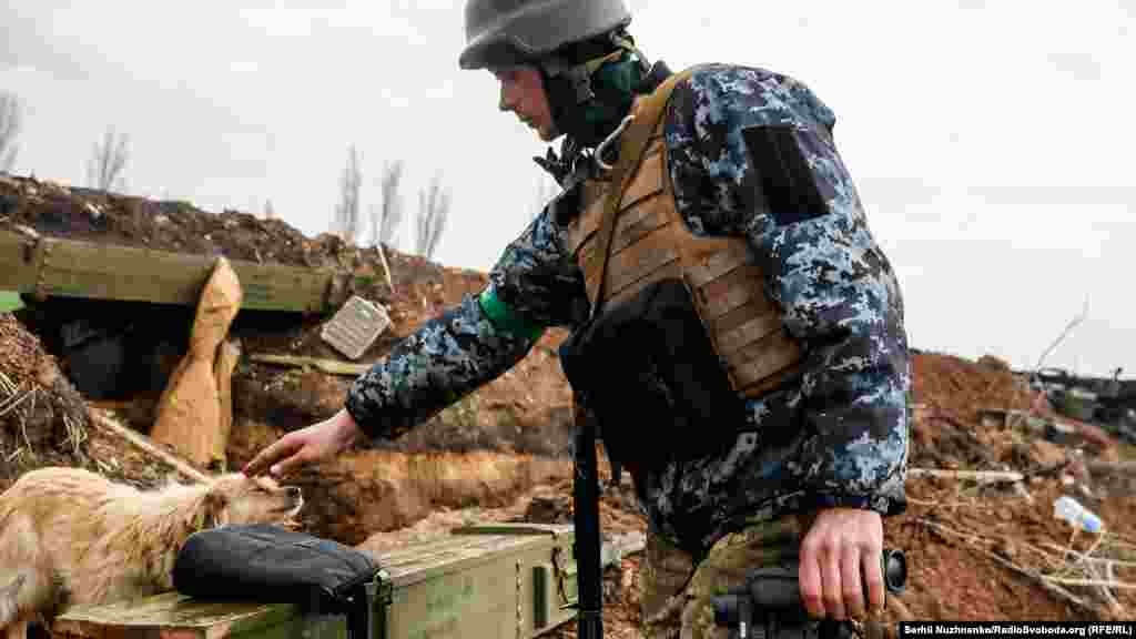 Украинский боец гладит собачку на позиции. Линия фронта на Донбассе. 18 апреля 2022 года