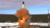 The Sarmat intercontinental ballistic missile is launched during a test at the Plesetsk Cosmodrome in this still image taken from a video released on April 20, 2022.