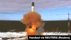 The Sarmat intercontinental ballistic missile is launched during a test at the Plesetsk Cosmodrome in this still image taken from a video released on April 20, 2022.