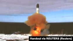 The Sarmat intercontinental ballistic missile is launched during a test at the Plesetsk cosmodrome in Russia's Arkhangelsk region, Russia, in April 2022.
