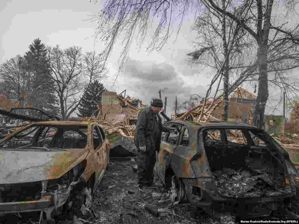 A man surveys the aftermath of shelling on the village of Byshiv in Ukraine&#39;s Kyiv region on March 4.&nbsp;