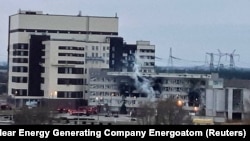 The damaged administrative building of the Zaporizhzhya nuclear power plant amid the Russian invasion of Ukraine on March 4.