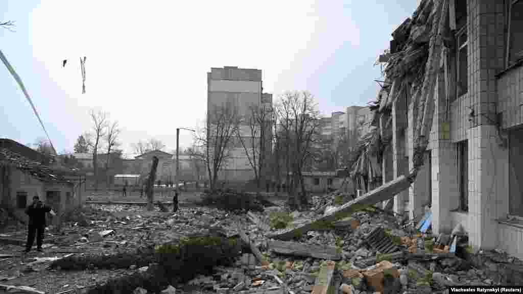 UKRAINE - A view shows a school building destroyed by shelling, as Russia's invasion of Ukraine continues, in Zhytomyr, Ukraine March 4, 2022