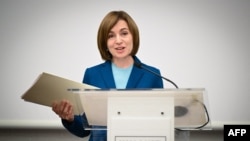 Moldovan President Maia Sandu speaks after winning the presidential election runoff in Chisinau on November 4. 