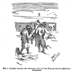 Prizonieri ridicându-i pe cei morți. Crochiu în Hans Krieger, Der Massenmord an deutschen und österr.-ung. Soldaten in der rumänischen Gefangenenhölle Sipote. Eine Klage und Anklage, 1920.