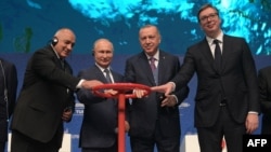 Бойко Борисов, Владимир Путин, Реджеп Ердоган и Александър Вучич на откриването на газопровода "Турски поток" от Русия до Търция през януари 2020 г.