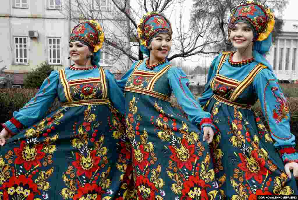 Women wearing traditional attire celebrate the Slavic Maslenitsa holiday in Bishkek, Kyrgyzstan, on March 6.&nbsp;