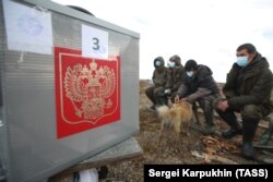 Reindeer herders attend early voting at a camp near the village of Karatayka in the Nenets Autonomous District on September 16.