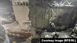 Зруйнований російським ракетним обстрілом житловий багатоквартирний будинок в Одесі. Триває розбирання завалів. 23 квітня 2022 року