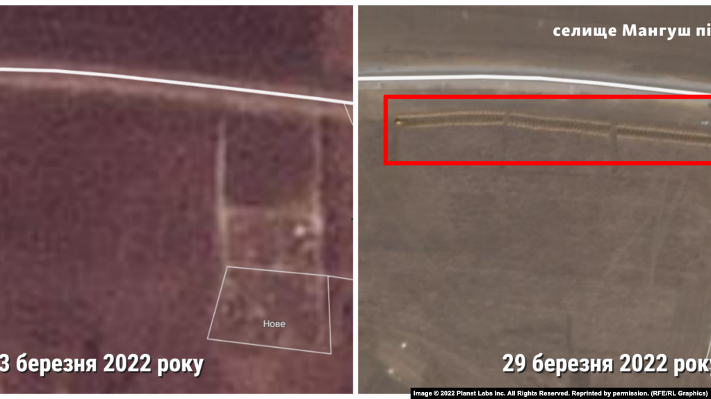 مقایسه تصاویر ماهواره‌ای گور دسته‌جمعی احتمالی در روستای منقوش؛ تصویر سمت راست روز ۲۳ مارس ثبت شده و تصویر سمت چپ روز ۲۹ مارس