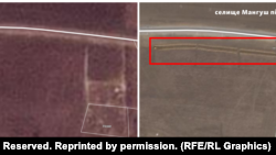 Comparație între imaginile din satelit ale unui posibil site de gropi comune din satul Mangush, de lângă Mariupol, 23 martie 2022 și 29 martie 2022.