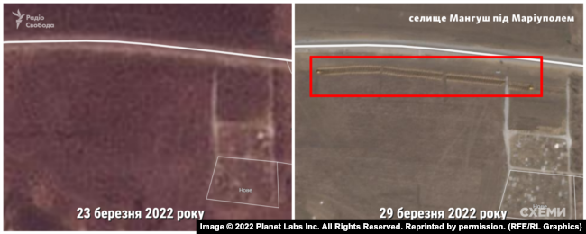 Two satellite images of Manhush taken on March 23 (left) and March 29. The swath of possible graves appears to have been dug between these dates.