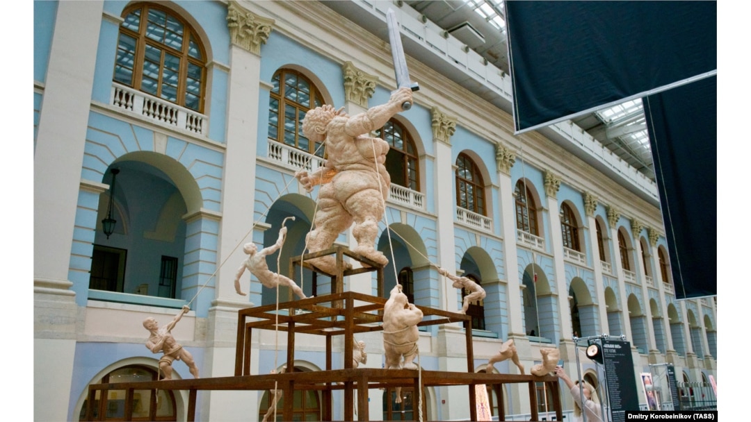 A sculpture titled Big Mother at an art fair in Moscow’s Gostiny Dvor in mid-April.