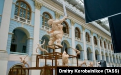 A sculpture titled Big Mother at an art fair in Moscow’s Gostiny Dvor in mid-April.