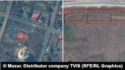 Сравнение размера братской могилы в Буче (спутниковый снимок слева) и в селе Мангуш