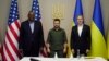 Volodimir Zelenski, alături de secretarul de stat al SUA, Antony Blinken, și secretarul american al apărării, Lloyd Austin, la Kiev, Ucraina, 24 aprilie 2022.