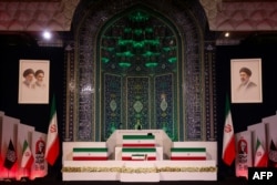 The coffins of Iran's slain supreme leader Ali Khamenei and his family members lie in the Grand Mosalla in Tehran on July 3.