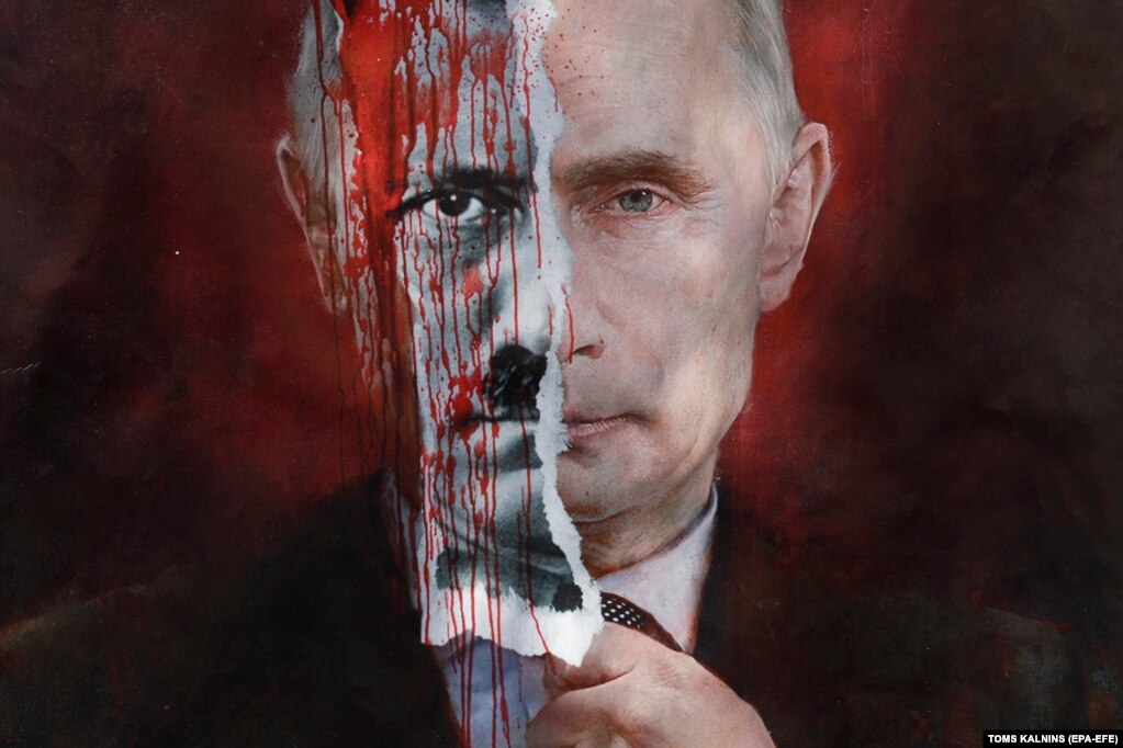 Një pllakat me portretin e presidentit rus, Vladimir Putin, i shfaqur gjatë një proteste para ambasadës së Rusisë, në Riga, Letoni, më 17 mars.