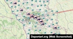 Captură de pe site-ul Deportari.org, cu o hartă interactivă unde se vede direcția în care au plecat trenuri cu basarabeni deportați.
