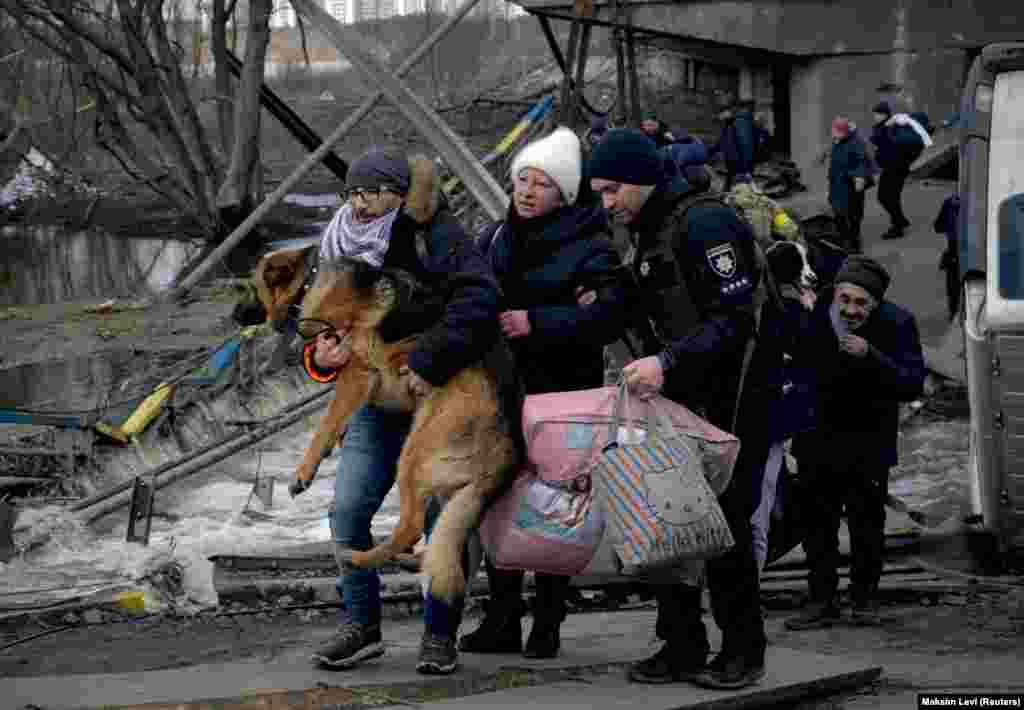 Мужчина несет собаку во время эвакуации из Ирпеня, города под Киевом. Жители спасаются от российского наступления. 9 марта 2022 года&nbsp;