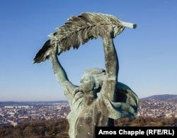 Budapest’s liberty monument photographed in February 2022.