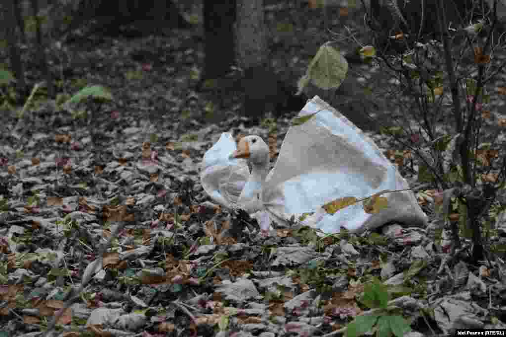 A sacrificial goose awaits its fate as chanted prayers ring out in the forest. The autumn ritual began before dawn when a goose, a young cow, and a male sheep were tied to trees in the glade.&nbsp;