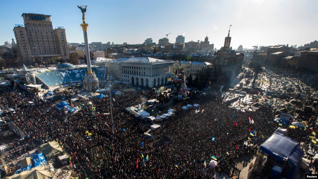 Antigovernment protesters hold a rally in Independence Square in central Kyiv on February 2.