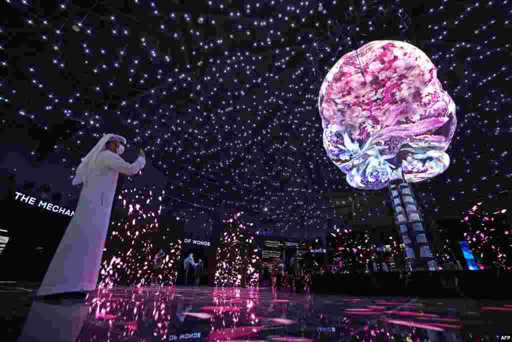 A visitor takes pictures inside the Russian Pavilion at Expo 2020 in Dubai in the United Arab Emirates.&nbsp;