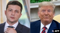 A combo photo shows Ukrainian President Volodymyr Zelenskiy (left) and U.S. President Donald Trump