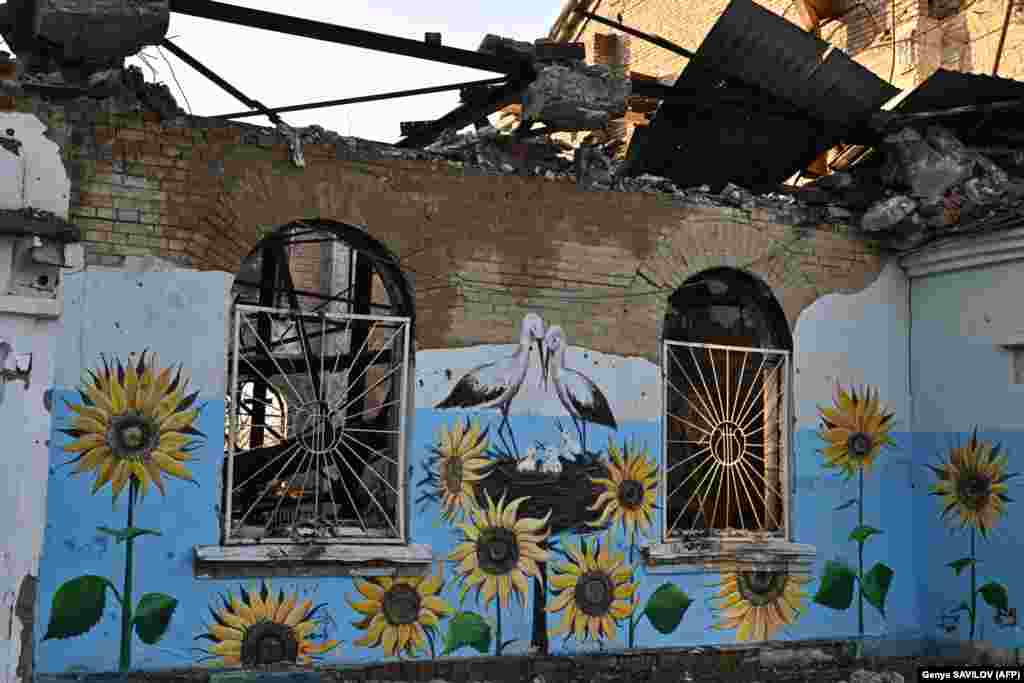 Sunflowers, a beloved symbol of Ukraine, and a family of storks adorn the shattered walls of Irpin&#39;s Central House of Culture. With the Ukrainian government lacking the funds for widespread reconstruction, many residents are forced to restore their own homes and make use of any functioning public facilities. &nbsp;