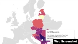 Mapa sa stranice organizacije CEPA koja je analizirala uticaj Kine u istočnoj Evropi, na kojo piše: Sjeverna Makedonija - Kineska komunistička partija ima značajan uticaj u Sjevernoj Makedoniji.