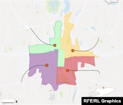 Cele patru raioane ale Bishkekului: Pervomaisk (verde), Sverdlovsk (galben), Octiabrsk (roșu) și Leninsk (mov).