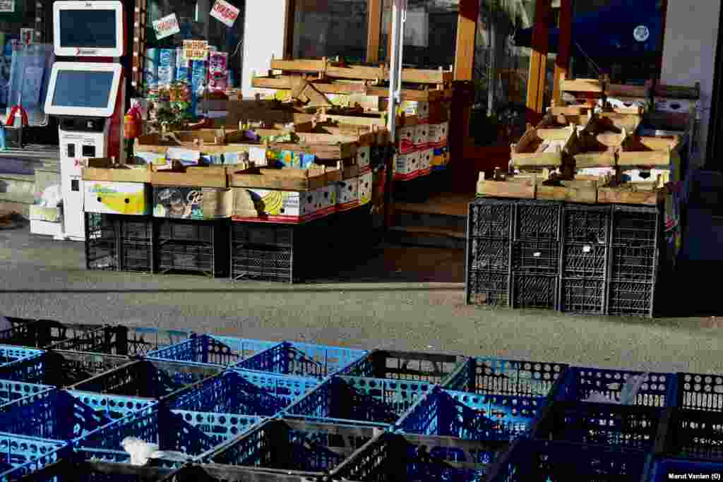 Empty fruit and vegetable boxes outside a store on December 19. Stepanakert is the largest city in Azerbaijan&rsquo;s breakaway region of Nagorno-Karabakh. Approximately 100,000 ethnic Armenians are currently stuck in the territory, and vital supplies are unable to be imported due to Azerbaijani activists blocking the only road in from Armenia.