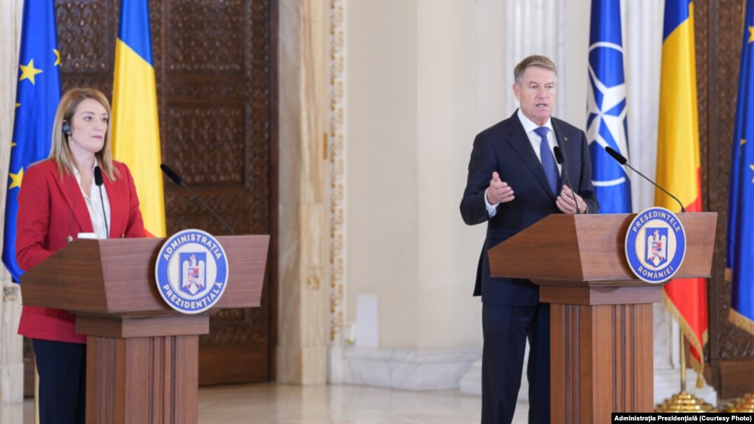 Șefa Parlamentului European, Roberta Metsola, la Cotroceni, într-o conferință de presă comună cu președintele României, Klaus Iohannis - 19 decembrie 2022