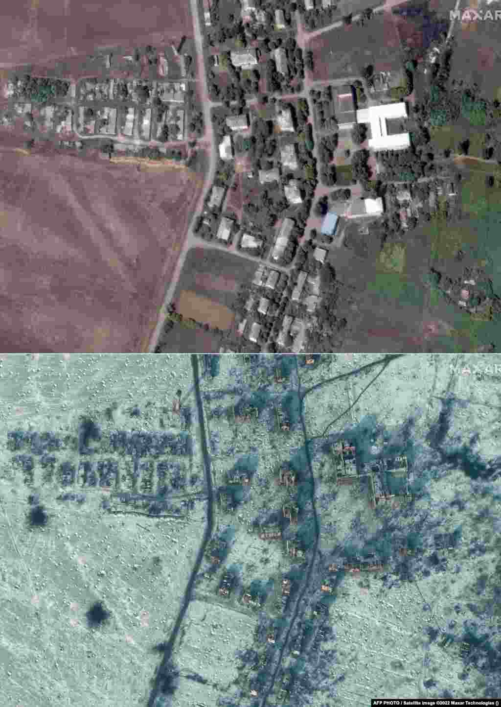 Спутниковые фотографии Соледара компании Maxar, сделанные 1 августа 2022 года и 10 января 2023 года, показывающие разрушения в городе