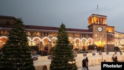 Armenia - The main government building in Yerevan's Republic Square decorated and illuminated by Christmas lights, December 7, 2022.