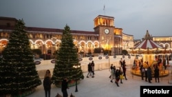 Armenia - The main government building in Yerevan's Republic Square decorated and illuminated by Christmas lights, December 7, 2022.