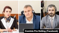 De la stânga la dreapta, judecătoarea Angela Bostan și judecătorii Sergiu Osoianu și Vladislav Holban, la audieri în comisia pre-vetting, 28 octombrie 2022 