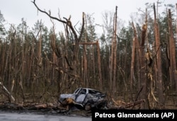 Цивільна автівка і знищений обстрілом ліс під Черніговим. 2022 рік