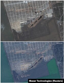 Kombinovana slika prikazuje proširenje Starokirmskog groblja u Mariupolju, Ukrajina, između 29. marta 2022. (gore) i 30. novembra 2022. (dole).
